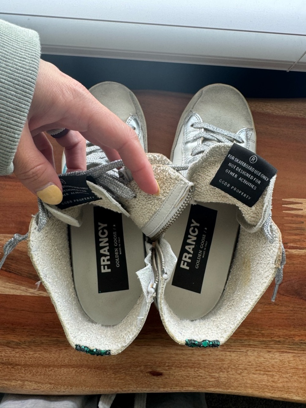 Golden Goose Francy Off-White High-Top Sneakers with Teal & Green Embellishment - Picture 3 of 6